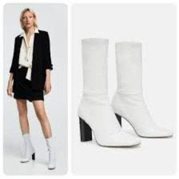 Zara Womens Euro Off White Mid Height 4” Boot Sz 38 (7.5) Zip Closure - Picture 2 of 14